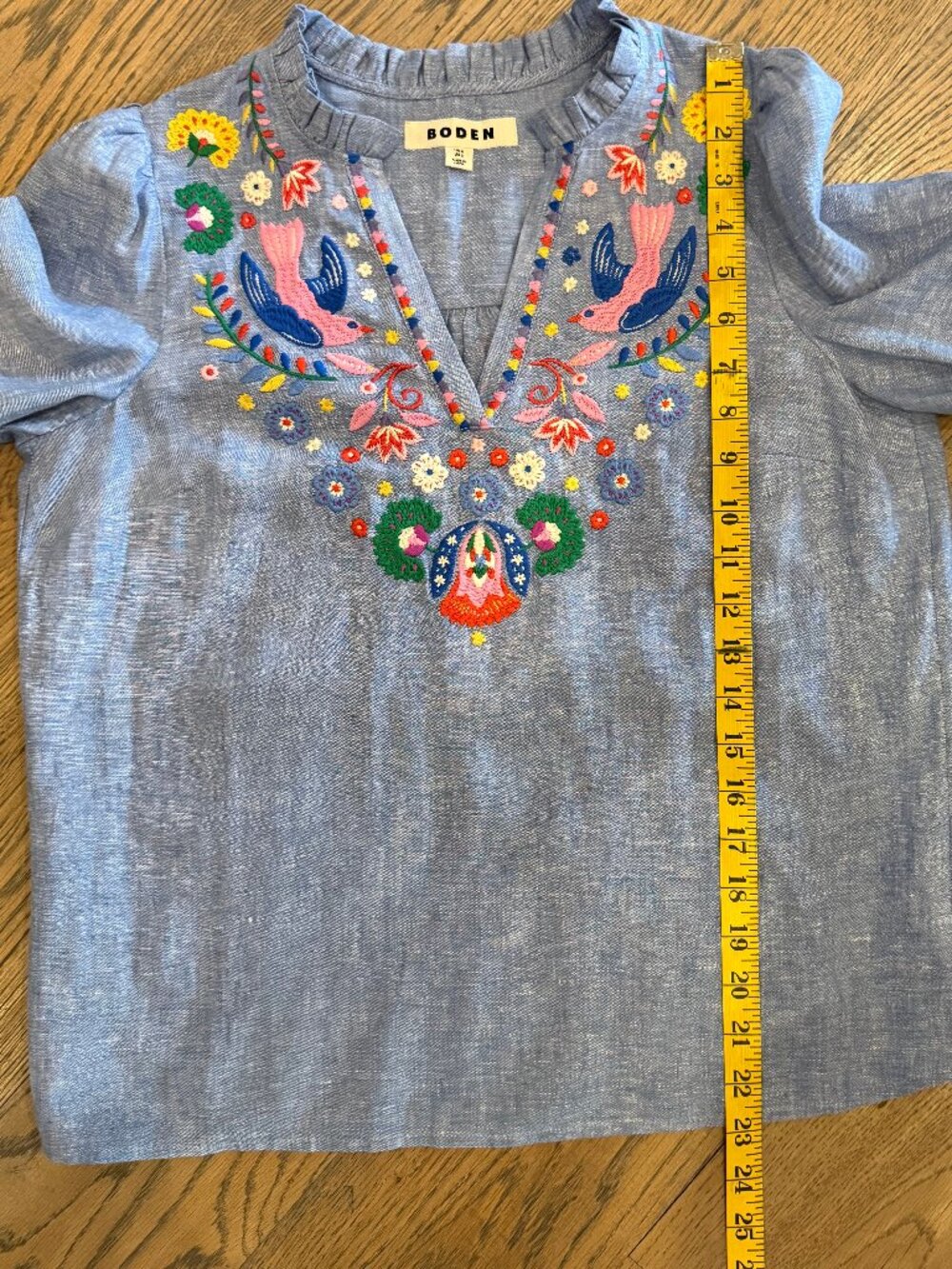 Boden Grace Linen Top-Chambray, Embroidered Birds Size 2 - Picture 7 of 8